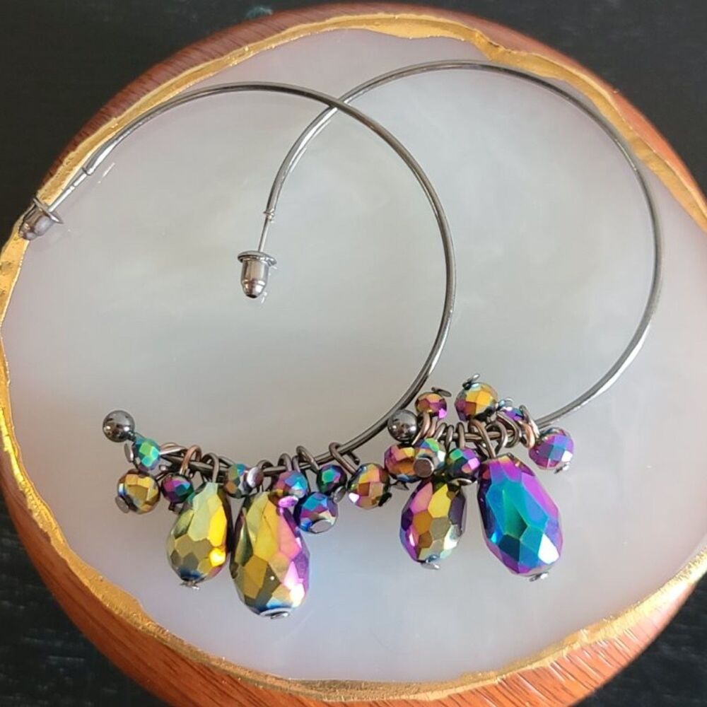 Paparazzi Iridescent Oil Spill Faceted Bead Dangle Hoop Earrings Gunmetal NWT
